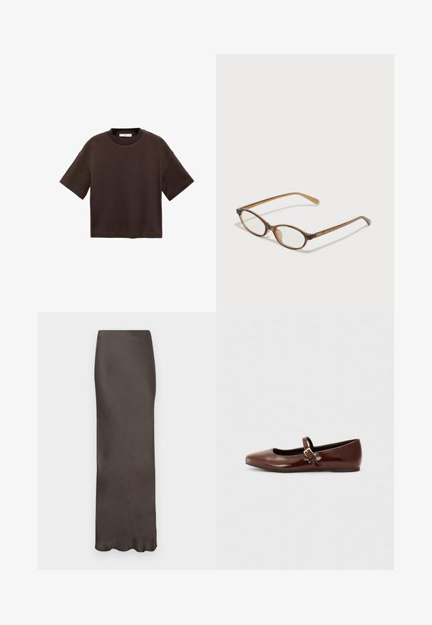 Tricou scurt cu mânecă scurtă, de culoare maro, fabricat din bumbac moale. Are un decolteu rotund și o croială tip boxy, cu o textură netedă și fără modele vizibile.; Fustă lungă din satin de culoare maro, cu o siluetă ajustată și o textură netedă. Prezintă un luciu subtil și nu are modele sau embellismente vizibile.; Balerini negre din piele lucioasă, cu vârful pătrat și o curea cu o cataramă mică din aur. Textură netedă, toc mic și un design minimalist.; Ochelari în nuanță de țestoasă maro, cu lentile ovale, brațe subțiri și accente transparente. Prezintă un logo subtil pe tâmplă. Design elegant și ușor.; Geantă din piele neagră, cu o formă curbată, curea detașabilă și accesorii aurii. Geanta are un capac cu un detaliu tip cataramă.