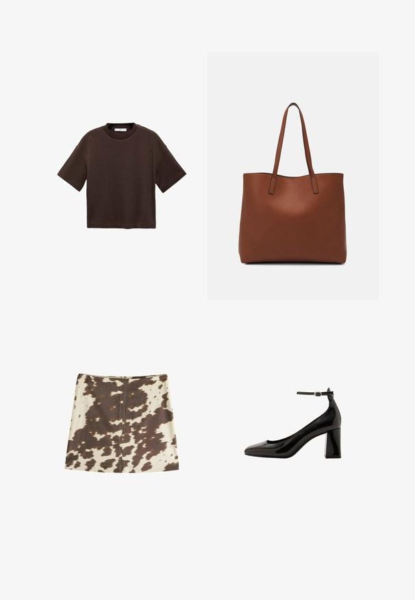 Hnědé tričko s krátkým rukávem vyrobené z měkké bavlny. Má kulatý výstřih a volný střih, s hladkou strukturou a bez viditelných vzorů.; Sukně mini s hovězím vzorem v béžové a hnědé barvě. Má skrytý zadní zip, hladkou texturu látky a rovný, áčkový střih.; Černé lakované lodičky s ankletovým páskem, lesklým povrchem, špičatou špičkou a silným blokovým podpatkem. Hladký povrch, minimální detaily.; Hnědá kožená taška přes rameno s hladkou texturou, otevřeným designem a dvěma ramenními popruhy. Obsahuje minimální švy a žádné viditelné kovové prvky.