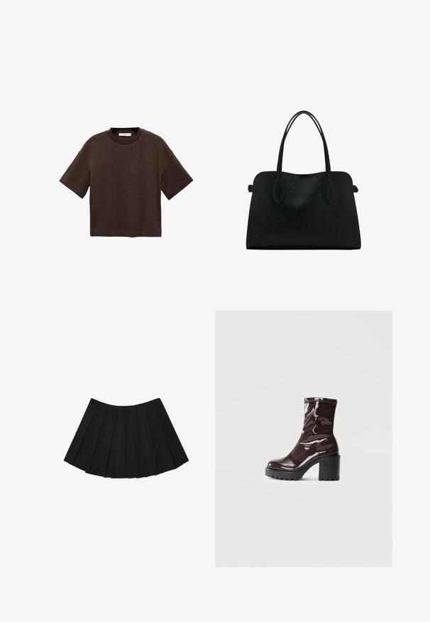 Brązowa koszulka z krótkim rękawem, wykonana z miękkiej bawełny. Posiada okrągły dekolt i luźny krój, charakteryzuje się gładką fakturą i brakiem widocznych wzorów.; Czarna plisowana spódnica z wieloma pionowymi fałdami, gładką teksturą i okrągłym dołem, zaprojektowana z zamkiem błyskawicznym umieszczonym z boku.; Błyszczące bordowe botki za kostkę z masywną czarną obcasem, charakteryzujące się gładką teksturą i prostym wzornictwem. Brak widocznych zapięć lub wzorów.; Czarna skórzana torba na ramię z podwójnymi paskami, prostokątny kształt i minimalistyczny design na białym tle.
