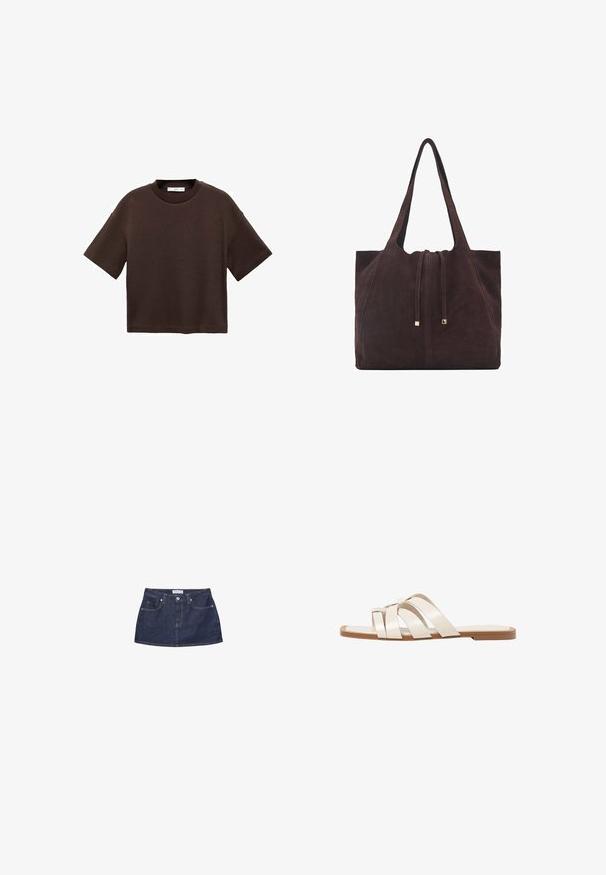 Bruine T-shirt met korte mouwen, gemaakt van zachte katoen. Heeft een ronde halslijn en een recht model, met een gladde textuur en geen zichtbare patronen.; Donkerblauwe denim minirok met een aansluitende taille, voorzakken en een metalen knoopsluiting. Gladde textuur en klassieke snit.; Vlakke sandalen met een tan rubberen zool, ontworpen met drie overlappende witte leren banden en een kleine strikdetail in het midden.; Mango Shopper - dark brown
