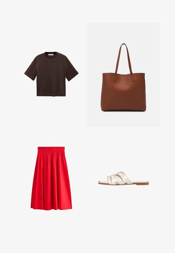 Brun kortärmad t-shirt i mjuk bomull. Har en rund halsringning och en boxig passform, med en slät textur och inga synliga mönster.; Röd knäskjorta med elastisk midja, tillverkad av mjukt tyg, med en utställd design och utan synliga mönster eller detaljer.; Platta sandaler med en brun gummisula, designade med tre överlappande vita läderspännen och en liten rosett i mitten.; Brun läder tote-väska med en slät textur, öppen toppdesign och två axelremmar. Har minimal söm och ingen synlig metalldetalj.