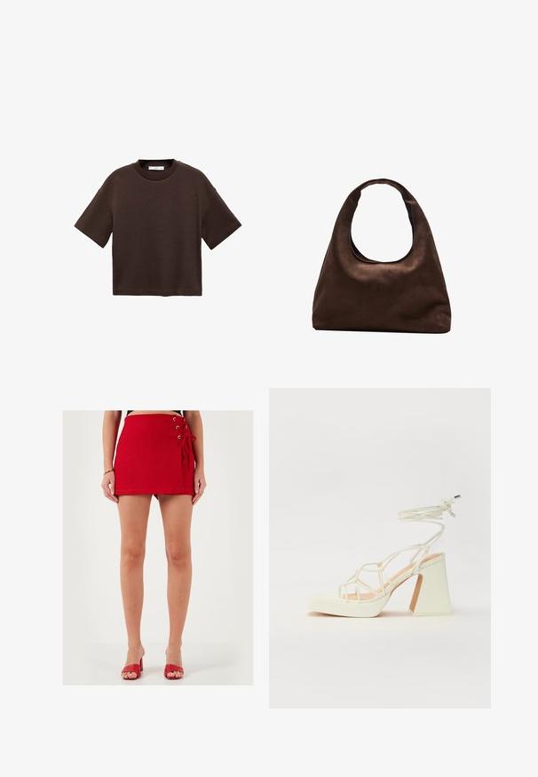 Braun t-Shirt mit kurzen Ärmeln aus weicher Baumwolle. Verfügt über einen runden Ausschnitt und einen kastigen Schnitt, mit einer glatten Textur und ohne sichtbare Muster.; Roter Minirock aus weichem Stoff, mit seitlichen Schnürdetails und Metallösen. Gerade Schnittführung und glatte Oberfläche, kombiniert mit roten High Heels.; Weiße High-Heel-Sandale mit einem klobigen Absatz, die über ein Riemchendesign und ein Knöchelband verfügt. Glatte Textur mit einer Plattform vorne für zusätzliche Höhe.; Weiche braune Hobo-Stil Handtasche mit einem einzigen breiten Trageriemen und einer geschwungenen Oberteilöffnung, auf einem weißen Hintergrund präsentiert.