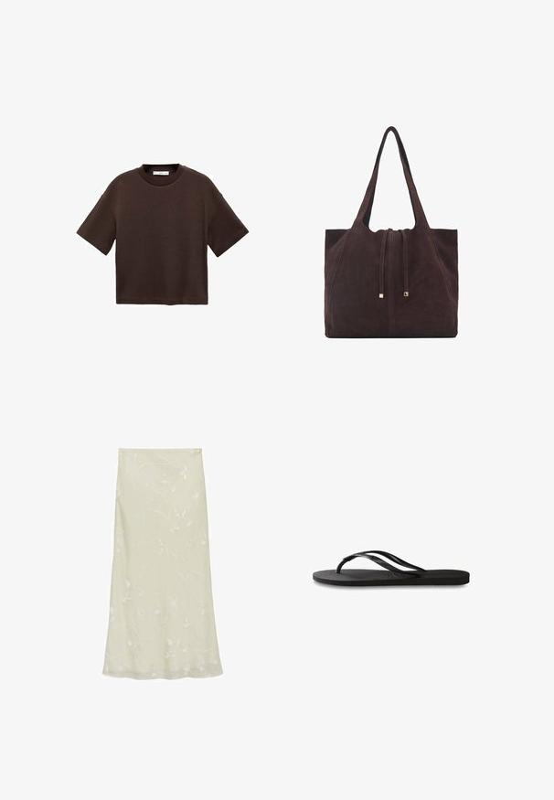 Brun kortærmet t-shirt lavet af blød bomuld. Har en rund halsudskæring og en boxy pasform, med en glat tekstur og ingen synlige mønstre.; Lys grøn midi-nederdel lavet af gennemsigtigt stof, med delikat hvid broderi af blomster og en svajende A-formet silhuet.; Sorte flip-flop med en tekstureret gummisål, to slanke stropper og et subtilt, præget logodetalje på stroppen.; Mango Shopping bags - dark brown