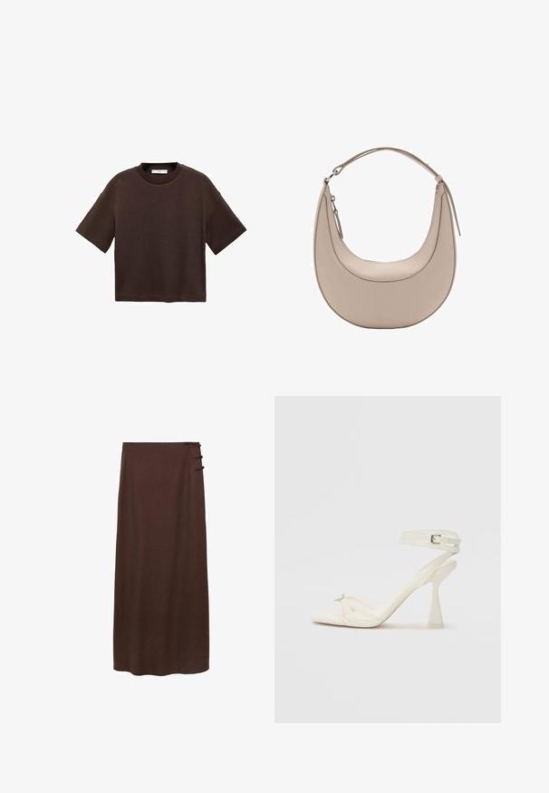 Hnedé tričko s krátkym rukávom vyrobené z mäkké bavlny. Má okrúhly výstrih a voľný strih, s hladkou textúrou a bez viditeľných vzorov.; Hnedá, sukňa po podlahu vyrobená z mäkkého materiálu. Obsahuje tri dekoračné bočné gombíky v blízkosti pása. Jednoduchý, nezdobený dizajn.; Biele kožené sandále na vysokom podpätku s pásikmi, elegantným dizajnom, priehľadným blokovým podpätkom a dekoratívnym prvkom na špičke.; Béžová kožená taška cez rameno s polkruhovým tvarom, hladkou textúrou a jedným zakriveným uchom. Obsahuje zipsové uzatváranie a úhľadné švy.