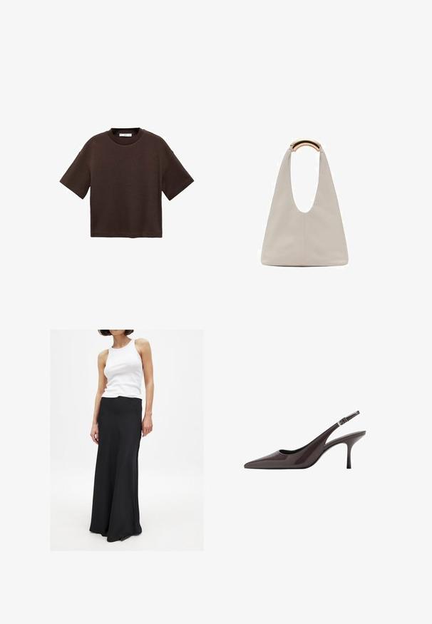 Brown short-sleeve t-shirt made of soft cotton. Features a round neckline and a boxy fit, with a smooth texture and no visible patterns.; Black floor-length skirt made of smooth fabric, with a fitted waist and slight flare towards the hem. Paired with a white tank top.; Pointed toe slingback heels in dark brown patent leather, featuring a slender high heel and an adjustable ankle strap with a buckle.; Light gray leather bag with a U-shaped design and a curved metallic handle. Smooth texture with minimal stitching and no visible patterns.