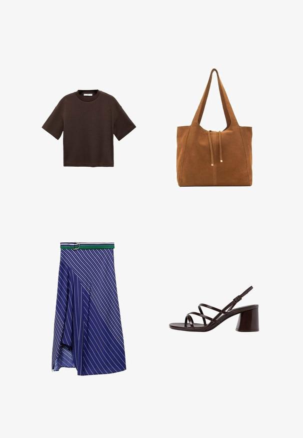 Hnedé tričko s krátkym rukávom vyrobené z mäkké bavlny. Má okrúhly výstrih a voľný strih, s hladkou textúrou a bez viditeľných vzorov.; Modrá sukňa s diagonálnymi bielymi pruhmi a zeleno-bielym pásom so striebornou prackou. Ľahká, voľná tkanina so sklonom.; Hnedé sandále na vysokom opätku s hrubým opätkom, s hladkým a lesklým povrchom a viacerými krížovými pásikmi na hornej časti.; Hnedá semišová taška cez rameno s dvoma dlhými popruhmi, sťahovacou šnúrkou a minimalistickým dizajnom. Hladký povrch a žiadne viditeľné kovové doplnky.