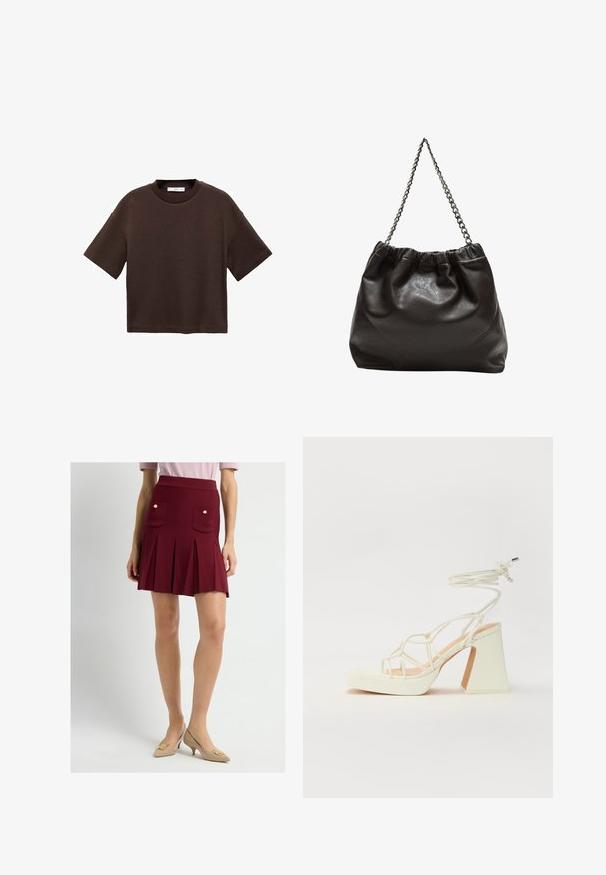 T-shirt marron à manches courtes en coton doux. Dispose d'un col rond et d'une coupe ample, avec une texture lisse et sans motifs visibles.; Jupe mini plissée rouge avec une taille haute, dotée de deux poches avant ornées de boutons dorés. Accompagnée de talons beiges à bout pointu.; Sandale blanche à talons hauts avec un talon épais, présentant un design à lanières et un lien autour de la cheville. Texture lisse avec une plateforme à l'avant pour une hauteur supplémentaire.; Sac en cuir marron avec un haut froncé et une bandoulière en chaîne. Texture lisse avec une finition brillante et des coutures subtiles sur les côtés.
