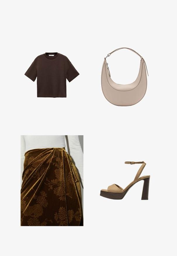 Tricou scurt cu mânecă scurtă, de culoare maro, fabricat din bumbac moale. Are un decolteu rotund și o croială tip boxy, cu o textură netedă și fără modele vizibile.; Fustă din catifea maro cu un model floral, având pliseuri și un design drapat. Suprafața texturată accentuează detaliile ornate.; Sandale cu toc înalt din suede bej, cu o curea frontală lată și curea pentru glezna, având un toc bloc din lemn cu un finisaj texturat.; Geantă de umăr din piele bej, cu o formă de semilună, textură netedă și un singur mânere curbat. Dispune de o închidere cu fermoar și cusături bine realizate.