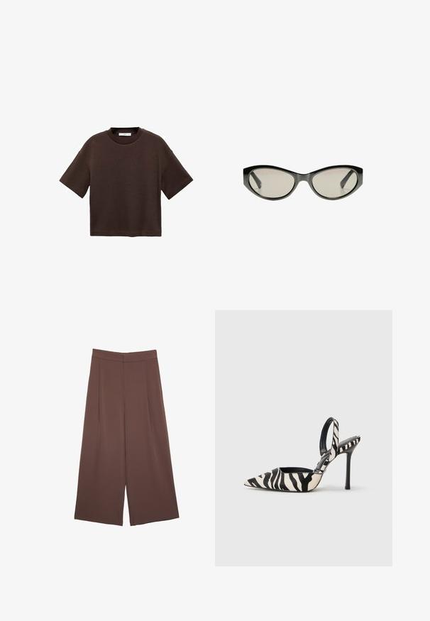 Braun majica s kratkimi rokavi, izdelana iz mehkega bombaža. Ima okroglo ovratnico in širok kroj, z gladko teksturo in brez vidnih vzorcev.; Rjave široke hlače z gladko teksturo, ki imajo visok pas in sprednje naborke. Tkanina je lahka in prosto pada.; Slingback pete z visoko konico v črno-kremastem zebrovem vzorcu, z ozkim visokim peto in odprtimi hrbtom ter črnim notranjim delom.; Črne mačje očala z sivimi lečami. Plastičen okvir ima ostre robove in gladko, sijočo površino.