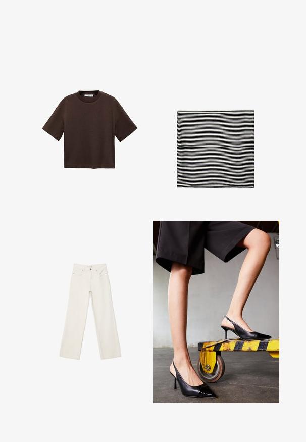 T-shirt corto marrone a maniche corte realizzato in cotone morbido. Presenta un colletto rotondo e una vestibilità ampia, con una texture liscia e senza motivi visibili.; Jeans bianchi a gamba larga in denim, con vita alta, tasche anteriori e chiusura con bottone. Design pulito e minimal con pochi dettagli.; Décolleté neri con cinturino, dotati di punta affusolata e una brillante finitura in vernice. Tacco a spillo, design in pelle liscia e silhouette minimalista.; Sciarpa a righe bianche e nere, realizzata in tessuto leggero. Forma rettangolare con righe alternate di diverse larghezze. Texture morbida.; Mango Shopping bag - dark brown
