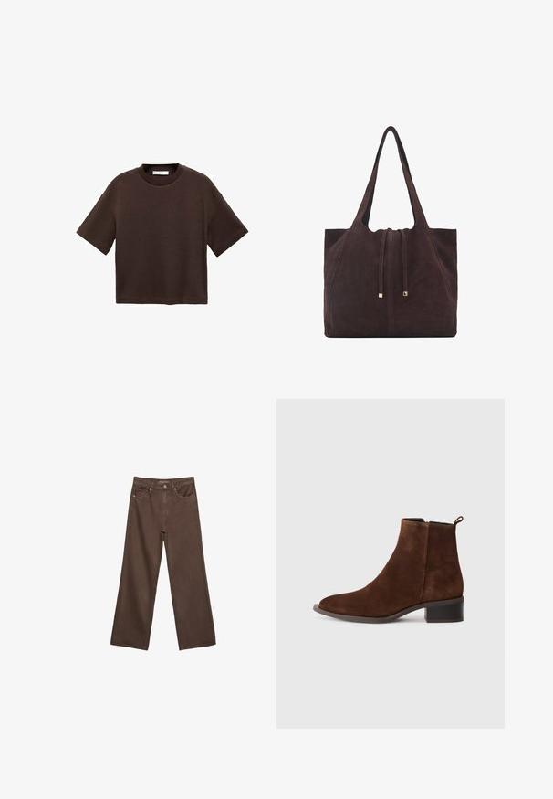 T-shirt marron à manches courtes en coton doux. Dispose d'un col rond et d'une coupe ample, avec une texture lisse et sans motifs visibles.; Jean brown à jambes larges en denim, doté d'une taille haute, de poches avant et d'une fermeture à bouton classique. Texture lisse avec des coutures subtiles.; Bottine en daim marron avec un bout rond, un petit talon carré et une fermeture éclair sur le côté. Dispose d'une languette à l'arrière pour un enfilage facile.; Mango Cabas - dark brown