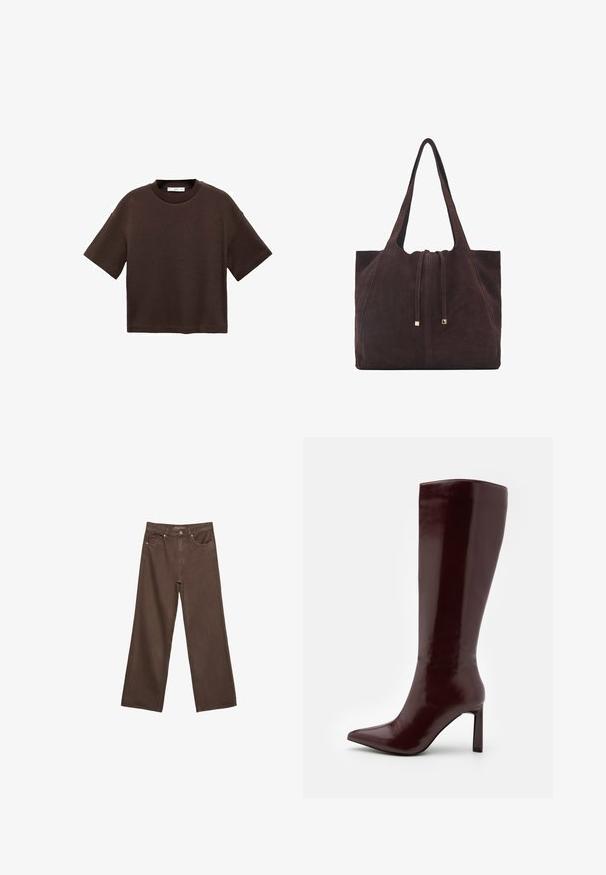 Hnedé tričko s krátkym rukávom vyrobené z mäkké bavlny. Má okrúhly výstrih a voľný strih, s hladkou textúrou a bez viditeľných vzorov.; Džínsy s širokými nohavicami v hnedej farbe, vyrobené z denimu, so zvýšeným pásom, prednými vreckami a klasickým zapínaním na gombík. Hladká textúra s jemným prešívaním.; Even&Odd Čižmy - dark red; Mango Veľká kabelka - dark brown