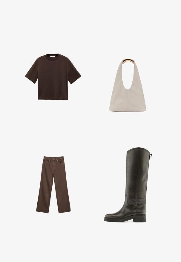 Brun kortärmad t-shirt i mjuk bomull. Har en rund halsringning och en boxig passform, med en slät textur och inga synliga mönster.; Breda bruna jeans i denim med hög midja, framfickor och klassisk knäppning. Slät textur med subtil sömnad.; Knähöga, mörkgröna läderstövlar med en slät yta, rundad tå och låg blockklack, med minimal sömnad och en dragflik.; Ljusgrå läderväska med en U-formad design och ett böjt metallhandtag. Slät textur med minimal sömnad och inga synliga mönster.