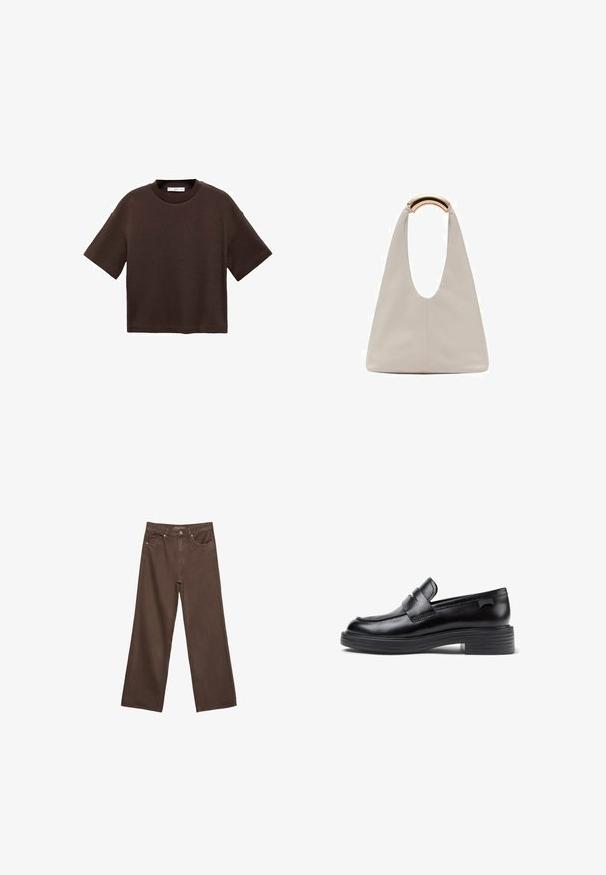 Hnědé tričko s krátkým rukávem vyrobené z měkké bavlny. Má kulatý výstřih a volný střih, s hladkou strukturou a bez viditelných vzorů.; Hnědé džíny s širokými nohavicemi vyrobené z denimu, s vysokým pasem, předními kapsami a klasickým zapínáním na knoflík. Hladká textura s jemným švem.; Černé kožené mokasíny s kulatou špičkou, s prošívaným designem a robustní gumovou podrážkou. Ozdobené dekorativním páskem.; Světlá šedá kožená taška s U-tvarovaným designem a zakřivenou kovovou rukojetí. Hladký povrch s minimálním šitím a bez viditelných vzorů.