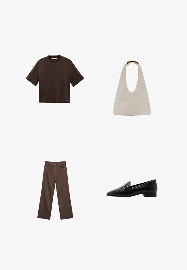 Braun t-Shirt mit kurzen Ärmeln aus weicher Baumwolle. Verfügt über einen runden Ausschnitt und einen kastigen Schnitt, mit einer glatten Textur und ohne sichtbare Muster.; Weite braune Jeans aus Denim, mit hoher Taille, Fronttaschen und klassischem Knopfverschluss. Glatte Textur mit feinen Nähten.; Schwarze Lederloafers mit spitzem Zehenbereich, kleinem Blockabsatz und goldfarbenen Hardware-Details auf der Vorderseite. Glatte Textur und minimalistisches Design.; Hellgraue Lederhandtasche mit einem U-förmigen Design und einem geschwungenen, metallischen Griff. Glatte Textur mit minimalen Nähten und ohne sichtbare Muster.