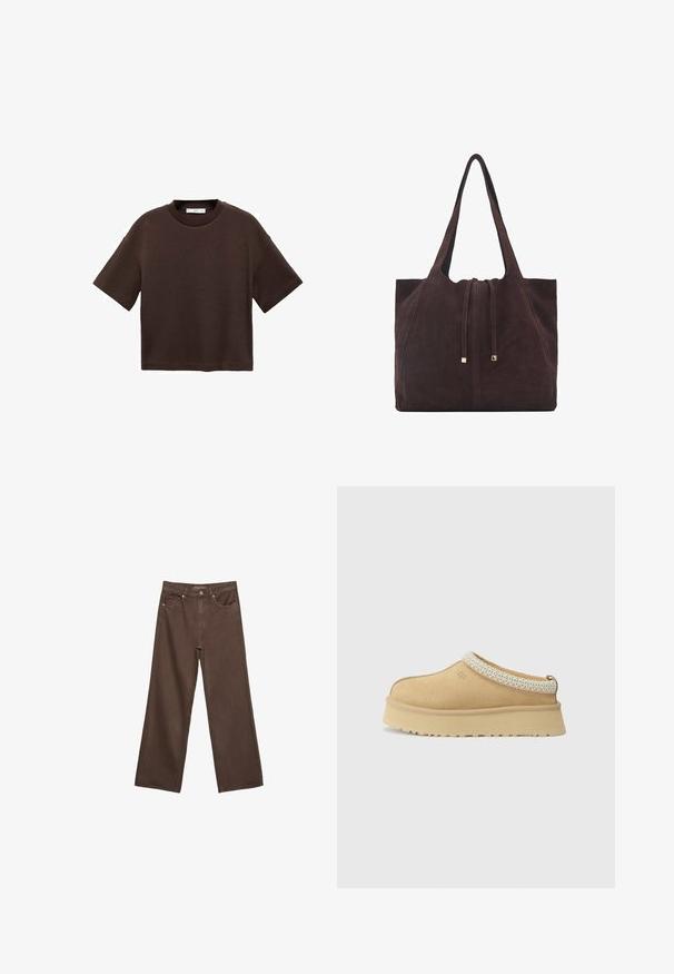 Bruine T-shirt met korte mouwen, gemaakt van zachte katoen. Heeft een ronde halslijn en een recht model, met een gladde textuur en geen zichtbare patronen.; Brede bruine spijkerbroek van denim, met een hoge taille, voorzakken en een klassieke knoopsluiting. Soepele textuur met subtiele stiksels.; Tan suède instapschoen met een gevoerd kraagje en een gestructureerde lichtblauwe accent. Voorzien van een dikke, duurzame buitenzool met een patroon in de loop.; Mango Shopper - dark brown