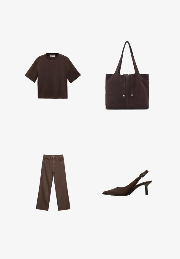 Braun majica s kratkimi rokavi, izdelana iz mehkega bombaža. Ima okroglo ovratnico in širok kroj, z gladko teksturo in brez vidnih vzorcev.; Široke rjave kavbojke iz denima, ki imajo visok pas, sprednje žepe in klasično zapiranje na gumb. Gladka tekstura s subtilnim šivom.; Rjav semiš slingback pump s koničastim nosom, elegantno zasnovo, tankim petam in zaponko na angleškem traku.; Mango Torba za nakupovanje - dark brown