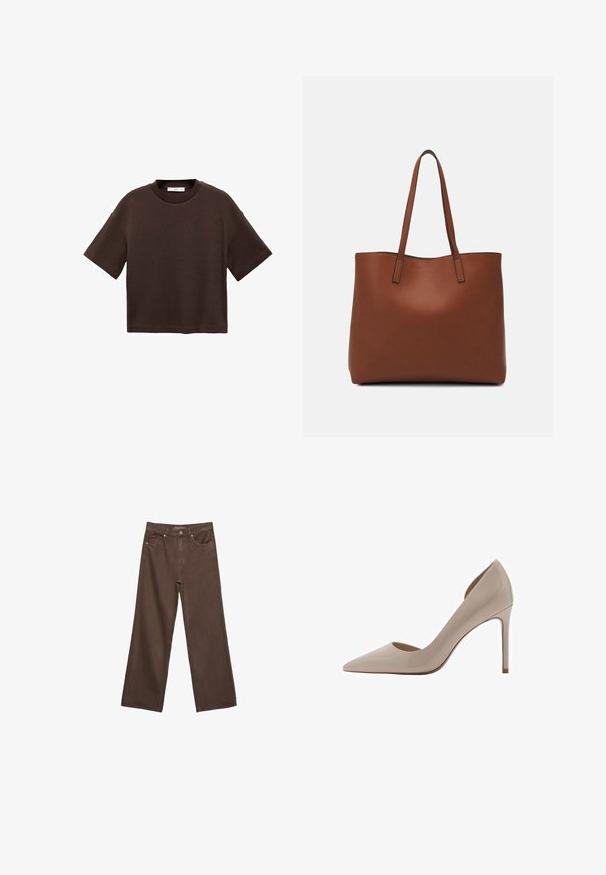 Hnedé tričko s krátkym rukávom vyrobené z mäkké bavlny. Má okrúhly výstrih a voľný strih, s hladkou textúrou a bez viditeľných vzorov.; Džínsy s širokými nohavicami v hnedej farbe, vyrobené z denimu, so zvýšeným pásom, prednými vreckami a klasickým zapínaním na gombík. Hladká textúra s jemným prešívaním.; Mango ASYMMETRISCHE MET EFFECT - Obuv na vysokom opätku - grey; Hnedá kožená taška na rameno s hladkou textúrou, otvoreným vrchom a dvoma ramenými popruhmi. Má minimálne šitia a žiadne viditeľné kovania.