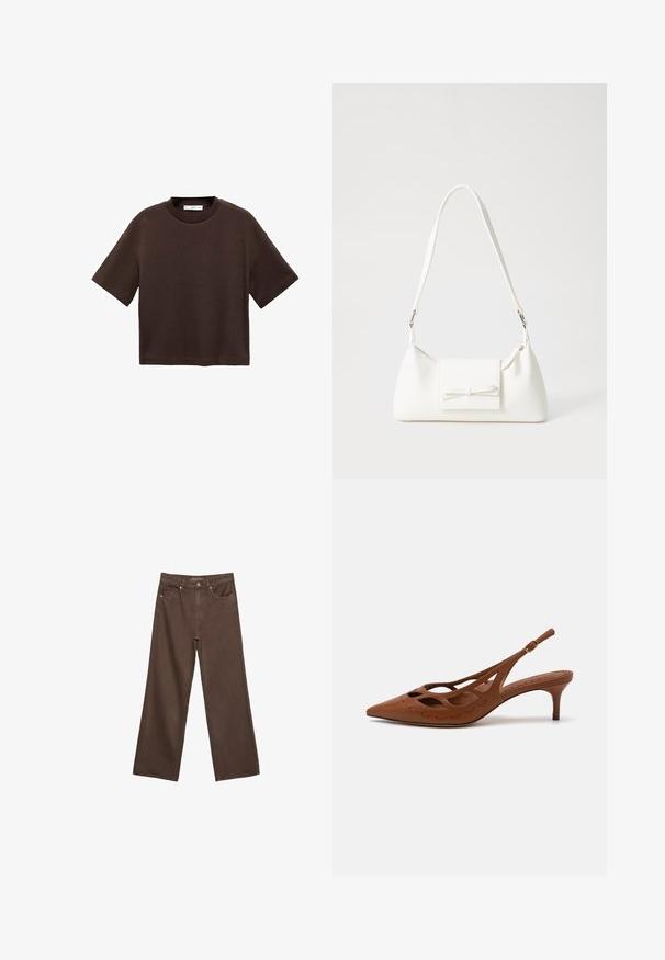 Smeđi kratki rukav majica od mekog pamuka. Ima okrugli izrez i širok kroj, s glatkom teksturom i bez vidljivih uzoraka.; Proširene smeđe traperice od denima, s visokim strukom, prednjim džepovima i klasičnom kopčom na dugme. Glatka tekstura s suptilnim šavovima.; Smeđi kožni slingback potpetica s šiljastim vrhom, izrezanim dizajnom i šivanim detaljima. Ima tanku potpeticu i podesivu traku.; Bijela sintetička torbica s trokutastim oblikom, ravnim prednjim poklopcem i detaljem u obliku mašne, podesivom remenom, glatkom teksturom i minimalističkim dizajnom.
