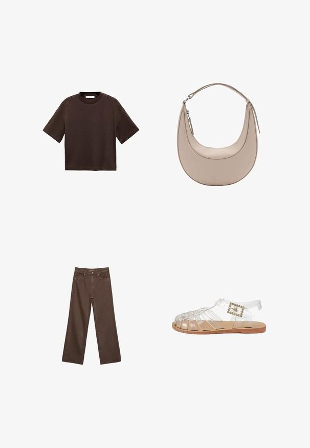 Brown short-sleeve t-shirt made of soft cotton. Features a round neckline and a boxy fit, with a smooth texture and no visible patterns.; Wide-leg brown jeans made of denim, featuring a high waist, front pockets, and a classic button closure. Smooth texture with subtle stitching.; Transparent PVC sandal with open toe, braided design, and a gold-accented buckle. Flat sole with light tan finish.; Beige leather shoulder bag with a crescent shape, smooth texture, and a single curved handle. Features a zip closure and neat stitching.