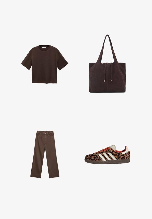 Hnědé tričko s krátkým rukávem vyrobené z měkké bavlny. Má kulatý výstřih a volný střih, s hladkou strukturou a bez viditelných vzorů.; Hnědé džíny s širokými nohavicemi vyrobené z denimu, s vysokým pasem, předními kapsami a klasickým zapínáním na knoflík. Hladká textura s jemným švem.; Tenisky se vzorem leopardí kůže, z suédového materiálu, s červenými tkaničkami a třemi bílými pruhy na boku. Má krémovou jazyk a hnědou podrážku.; Mango Velká kabelka - dark brown