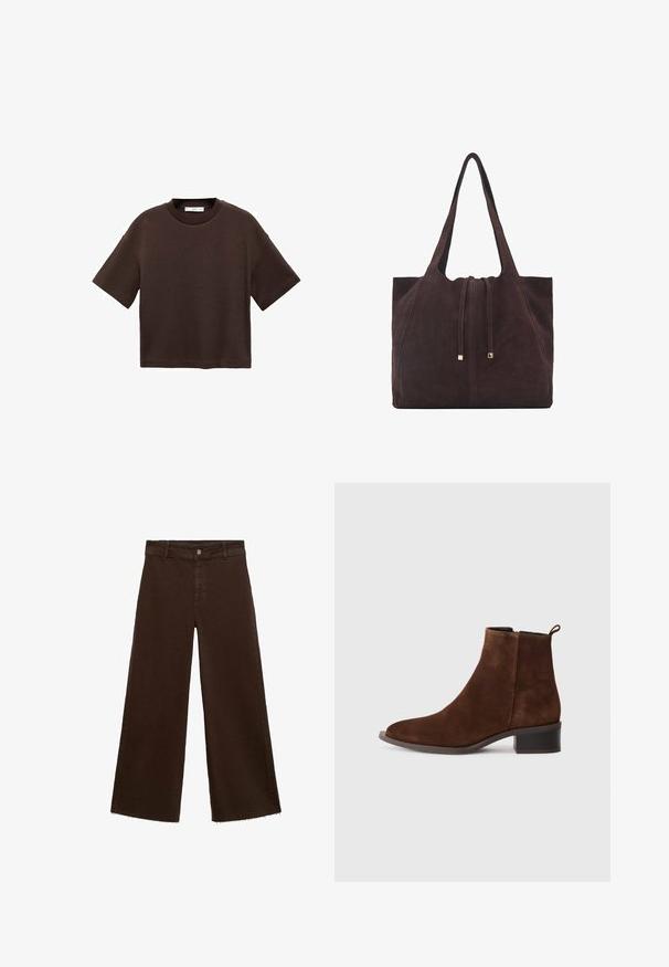 Braun t-Shirt mit kurzen Ärmeln aus weicher Baumwolle. Verfügt über einen runden Ausschnitt und einen kastigen Schnitt, mit einer glatten Textur und ohne sichtbare Muster.; Braune, weit geschnittene Hosen aus Baumwollmischung mit fransigem Saum, vorderem Knopfverschluss und klassischem Fünf-Taschen-Design. Minimalistisch und vielseitig.; Braune Wildleder Stiefelette mit runder Zehenform, niedrigem Blockabsatz und einem seitlichen Reißverschluss. Verfügt über eine Schlaufe an der Rückseite für einfaches Anziehen.; Mango Shopping Bag - dark brown