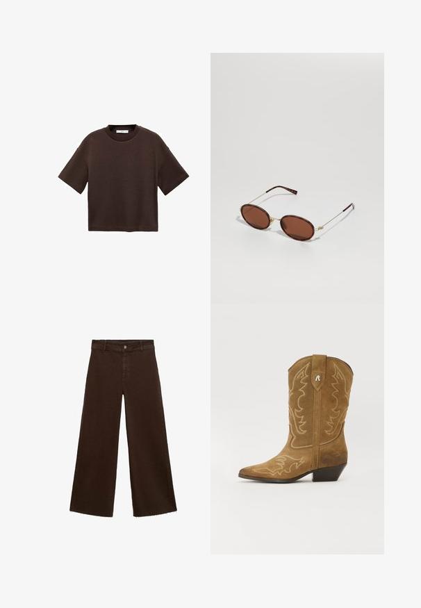 T-shirt corto marrone a maniche corte realizzato in cotone morbido. Presenta un colletto rotondo e una vestibilità ampia, con una texture liscia e senza motivi visibili.; Pantaloni larghi marroni in misto cotone, caratterizzati da orlo sfrangiato, chiusura frontale con bottone e classico design a cinque tasche. Minimalisti e versatili.; Stivale da cowboy in suede marrone con punta affusolata, dettagli di cuciture bianche intricate e tacco angolato. Presenta un design decorativo sulla gamba e sulla linguetta superiore.; Occhiali da sole ovali marroni con montatura in metallo dorato, aste sottili e lenti colorate di marrone. Dettaglio del logo sull'asta. Texture complessivamente liscia.