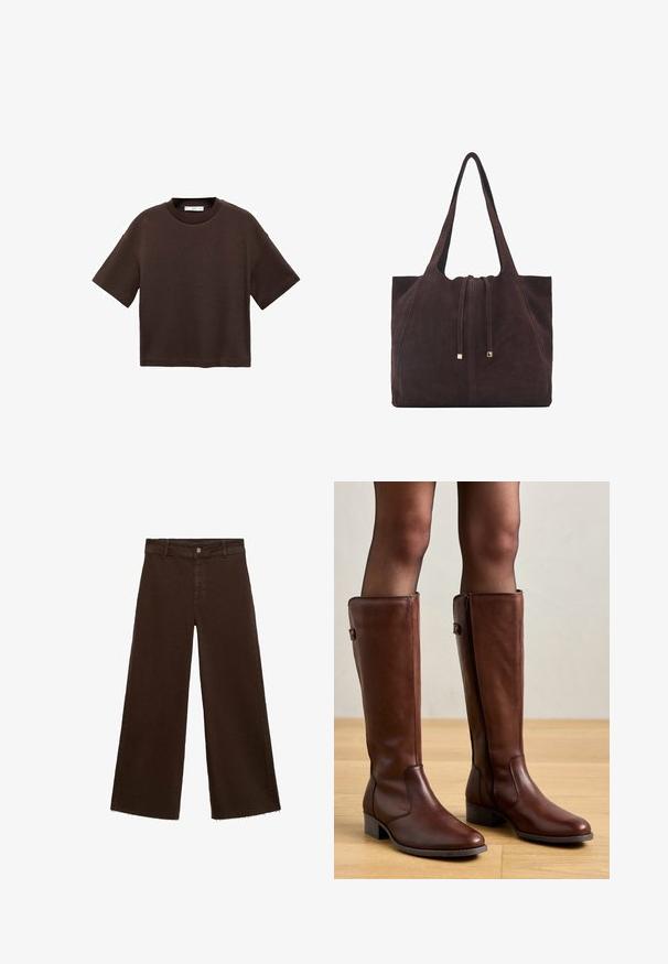 Braun majica s kratkimi rokavi, izdelana iz mehkega bombaža. Ima okroglo ovratnico in širok kroj, z gladko teksturo in brez vidnih vzorcev.; Rjave široke hlače iz mešanice bombaža, z raztrganim robom, sprednjim gumbom in klasičnim dizajnom s petimi žepi. Minimalistične in vsestranske.; Anna Field LEATHER - Škornji - brown; Mango Torba za nakupovanje - dark brown