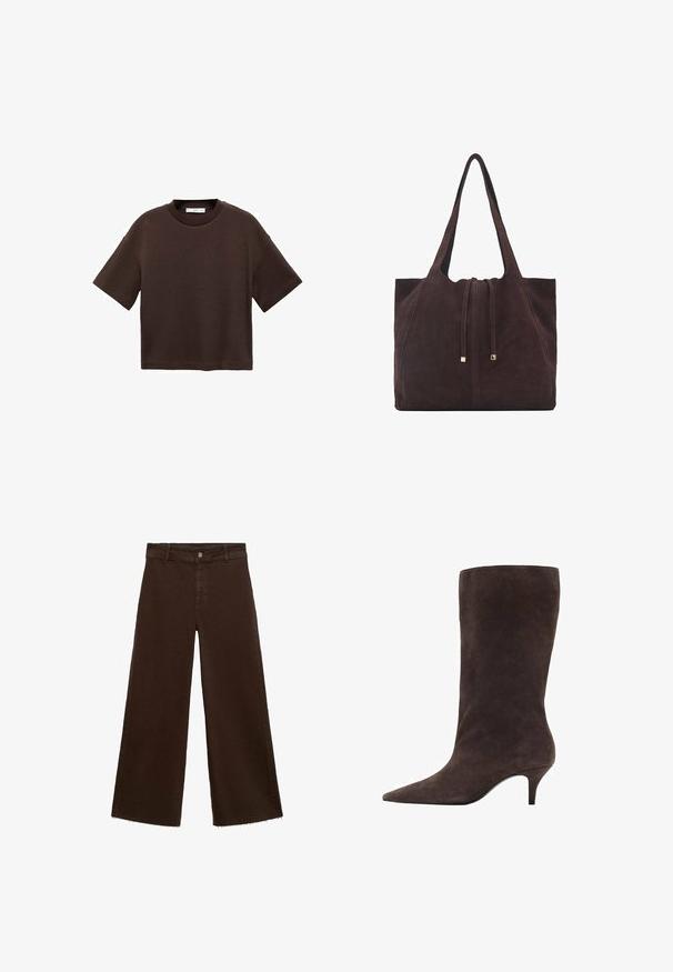 Brun kortärmad t-shirt i mjuk bomull. Har en rund halsringning och en boxig passform, med en slät textur och inga synliga mönster.; Bruna breda byxor i bomullsblandning med fransar vid fållen, framknäppning och klassisk femfickdesign. Minimalistiska och mångsidiga.; Brun mocka knähög stövel med spetsig tå och medelhög klack, med en slät textur och elegant design.; Mango Shoppingväska - dark brown