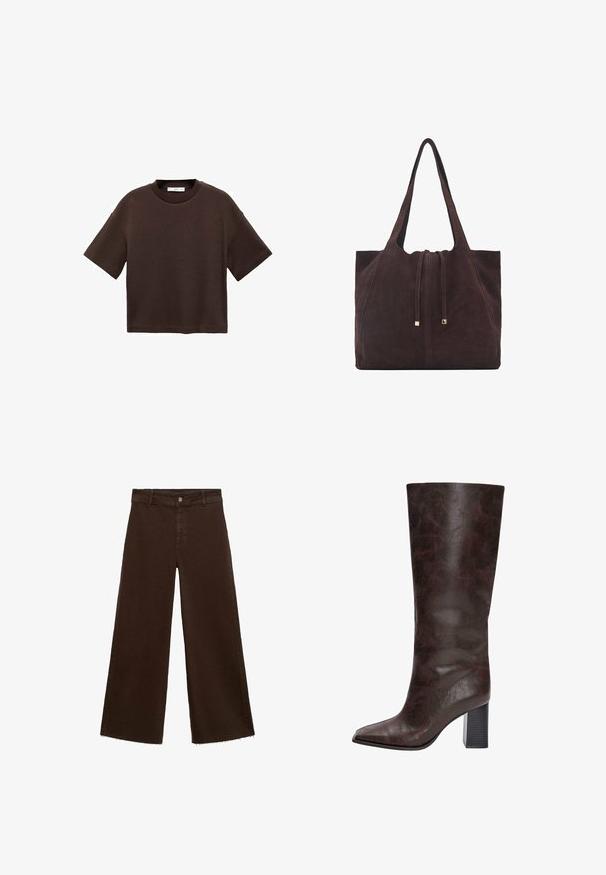 Smeđi kratki rukav majica od mekog pamuka. Ima okrugli izrez i širok kroj, s glatkom teksturom i bez vidljivih uzoraka.; Smeđe široke hlače od pamuka, s raspucanim rubom, prednjim kopčanjem na dugme i klasičnim dizajnom s pet džepova. Minimalističke i svestrane.; Smeđe čizme od umjetne kože do koljena s šiljastim prstom, teksturiranom površinom i debelim crnim potplatom. Glatka završna obrada, minimalno ukrašavanje.; Mango Velika torba - dark brown