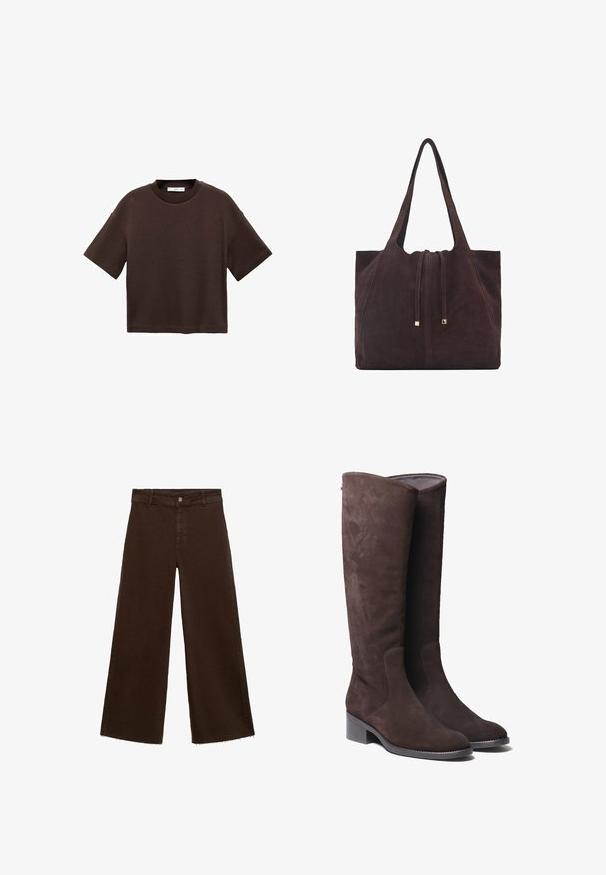 Brun kortärmad t-shirt i mjuk bomull. Har en rund halsringning och en boxig passform, med en slät textur och inga synliga mönster.; Bruna breda byxor i bomullsblandning med fransar vid fållen, framknäppning och klassisk femfickdesign. Minimalistiska och mångsidiga.; Bruna mockaskinn knähöga stövlar med något rundad tå och låg klack. Har diskreta sömnadsdetaljer längs sidorna.; Mango Shoppingväska - dark brown
