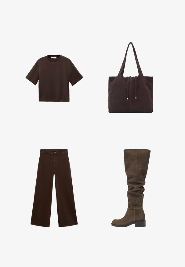 Hnedé tričko s krátkym rukávom vyrobené z mäkké bavlny. Má okrúhly výstrih a voľný strih, s hladkou textúrou a bez viditeľných vzorov.; Hnedé široké nohavice z bavlnenej zmesi, s roztrhnutým lemom, predným zapínaním na gombík a klasickým dizajnom s piatimi vreckami. Minimalistické a všestranné.; Hnedé semišové čižmy nad kolená s povoleným dizajnom, okrúhlou špičkou a nízkym blokovým podpätkom. Hladká textúra s jednoduchými švami.; Mango Veľká kabelka - dark brown