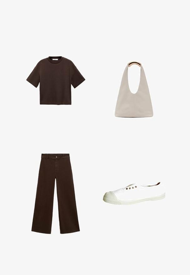 Braun t-Shirt mit kurzen Ärmeln aus weicher Baumwolle. Verfügt über einen runden Ausschnitt und einen kastigen Schnitt, mit einer glatten Textur und ohne sichtbare Muster.; Braune, weit geschnittene Hosen aus Baumwollmischung mit fransigem Saum, vorderem Knopfverschluss und klassischem Fünf-Taschen-Design. Minimalistisch und vielseitig.; Weißer Canvas-Sneaker mit gummierter Zehenkappe, fünf Metallösen und einer strukturierten Gummisohle. Einfaches Design, leichte Konstruktion.; Hellgraue Lederhandtasche mit einem U-förmigen Design und einem geschwungenen, metallischen Griff. Glatte Textur mit minimalen Nähten und ohne sichtbare Muster.