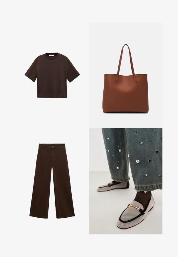 Tricou scurt cu mânecă scurtă, de culoare maro, fabricat din bumbac moale. Are un decolteu rotund și o croială tip boxy, cu o textură netedă și fără modele vizibile.; Pantaloni largi maro dintr-un amestec de bumbac, cu un tiv desfăcut, închidere cu buton frontal și un design clasic cu cinci buzunare. Minimalist și versatil.; Loafers din piele de culoare roz deschis cu rimă neagră, având un accent din lanț aurit. Asortate cu blugi din denim împodobiți cu cuie metalice.; Geantă de umăr din piele maro cu o textură netedă, design cu vârf deschis și două curele pentru umăr. Prezintă cusături minime și fără componente metalice vizibile.