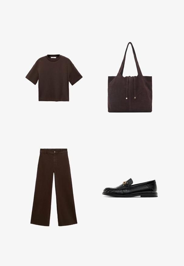 Brązowa koszulka z krótkim rękawem, wykonana z miękkiej bawełny. Posiada okrągły dekolt i luźny krój, charakteryzuje się gładką fakturą i brakiem widocznych wzorów.; Brązowe spodnie o szerokich nogawkach z mieszanki bawełny, z postrzępionym dołem, przednim zapięciem na guzik i klasycznym pięciopocketowym wzorem. Minimalistyczne i uniwersalne.; Czarne skórzane mokasyny z okrągłym noskiem, teksturowanym wierzchem i złotym akcentem na przodzie. Płaska podeszwa z minimalnym bieżnikiem.; Mango - Torba na zakupy