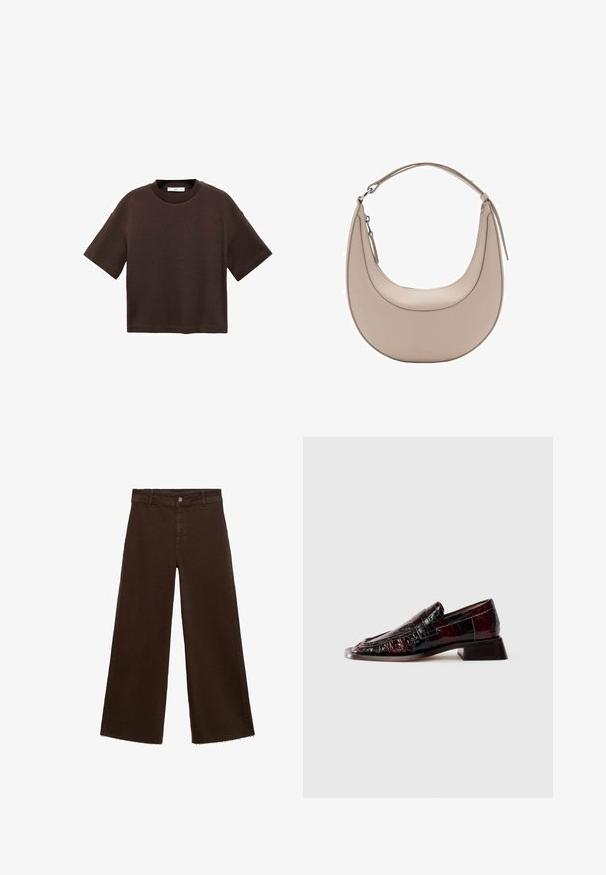 Brown short-sleeve t-shirt made of soft cotton. Features a round neckline and a boxy fit, with a smooth texture and no visible patterns.; Brown wide-leg trousers in cotton blend, featuring a frayed hem, front button closure, and classic five-pocket design. Minimalistic and versatile.; Dark burgundy patent leather loafer with textured finish, low block heel, and classic penny strap detailing, shown from the side.; Beige leather shoulder bag with a crescent shape, smooth texture, and a single curved handle. Features a zip closure and neat stitching.