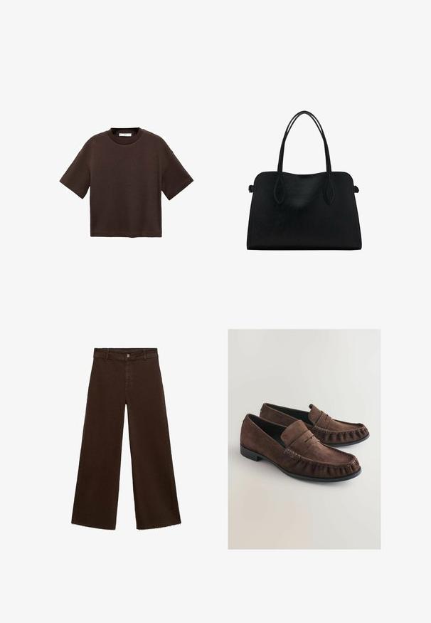 Brun kortærmet t-shirt lavet af blød bomuld. Har en rund halsudskæring og en boxy pasform, med en glat tekstur og ingen synlige mønstre.; Brune viddebukser i en bomuldsblanding, med en frynset kant, frontknaplukning og klassisk fem-lomme design. Minimalistiske og alsidige.; Brune ruskinds loafers med en blød tekstur, mokkasin-agtig syning og en afrundet tå. Sort gummisål og en foldet læderkant detalje.; Sort læderhåndtaske med dobbelte skulderremme, rektangulær form og minimalistisk design på en hvid baggrund.