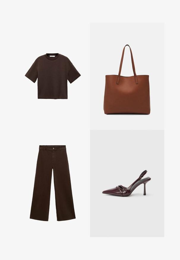 Braun majica s kratkimi rokavi, izdelana iz mehkega bombaža. Ima okroglo ovratnico in širok kroj, z gladko teksturo in brez vidnih vzorcev.; Rjave široke hlače iz mešanice bombaža, z raztrganim robom, sprednjim gumbom in klasičnim dizajnom s petimi žepi. Minimalistične in vsestranske.; Burgundski lakasti usnjeni škorenj z odprtim pete, s koničasto konico, tankim trakcem okoli gležnja in majhno dekorativno sponko. Gladek videz in visok peti.; Rjava usnjena torba z gladko teksturo, odprto zasnovo zgoraj in dvema naramnima trakovoma. Opremljena je z minimalnim šivanjem in brez vidnih kovinskih delov.
