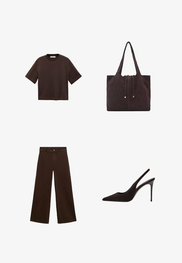 Tricou scurt cu mânecă scurtă, de culoare maro, fabricat din bumbac moale. Are un decolteu rotund și o croială tip boxy, cu o textură netedă și fără modele vizibile.; Pantaloni largi maro dintr-un amestec de bumbac, cu un tiv desfăcut, închidere cu buton frontal și un design clasic cu cinci buzunare. Minimalist și versatil.; Pantofii cu toc înalt din suede maro, cu vârf ascuțit, design elegant, laterale decupate și toc subțire tip stiletto.; Mango Geantă de pânză - dark brown