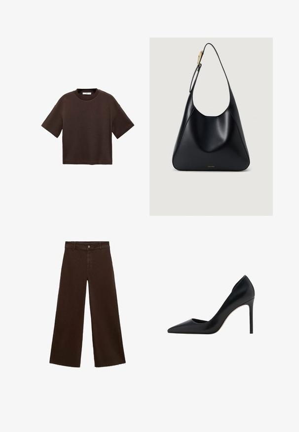 Bruine T-shirt met korte mouwen, gemaakt van zachte katoen. Heeft een ronde halslijn en een recht model, met een gladde textuur en geen zichtbare patronen.; Bruine wijde broek in katoenmix, met een rafelige zoom, sluiting met een knoop aan de voorkant en een klassieke vijf-pocketstijl. Minimalistisch en veelzijdig.; Mango Hoge hakken - black; Zwarte leren schoudertas met een gladde textuur, gebogen silhouet en een goudkleurige hardwareaccent. Beschikt over het reliëf logo van het merk aan de onderkant.