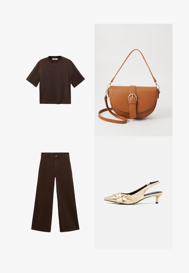 Tricou scurt cu mânecă scurtă, de culoare maro, fabricat din bumbac moale. Are un decolteu rotund și o croială tip boxy, cu o textură netedă și fără modele vizibile.; Pantaloni largi maro dintr-un amestec de bumbac, cu un tiv desfăcut, închidere cu buton frontal și un design clasic cu cinci buzunare. Minimalist și versatil.; Sandale cu toc kitten din piele aurie, cu vârf ascuțit, toc mic și două accesorii cu cataramă pe parte superioară. Textură netedă, design elegant.; Geantă din piele maro, tip crossbody, cu o formă curbată, accesorii aurii și un accent cu cataramă. Dispune de un curea de umăr detașabilă.