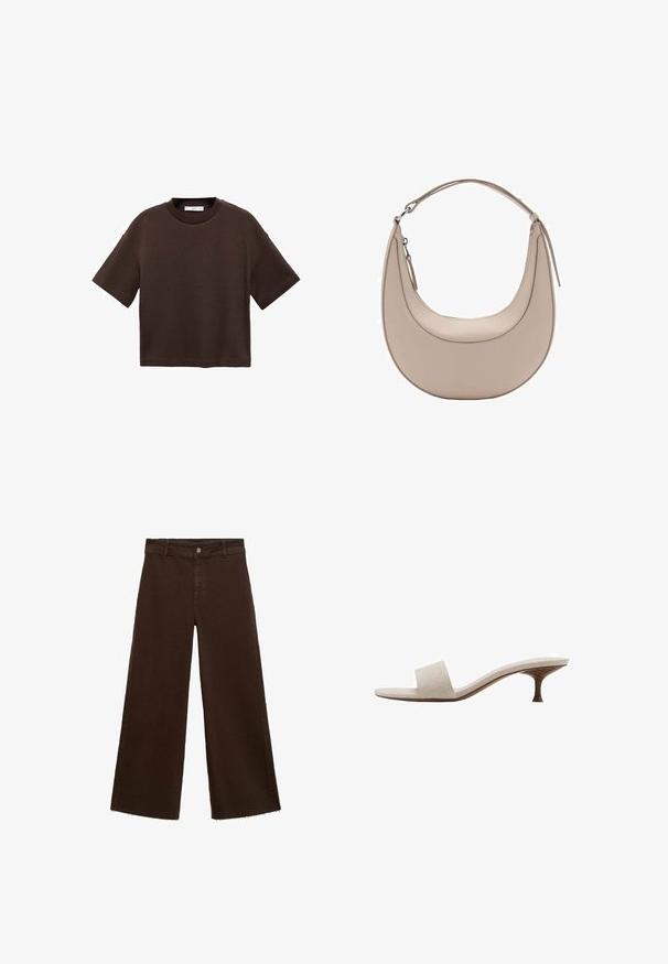 Hnedé tričko s krátkym rukávom vyrobené z mäkké bavlny. Má okrúhly výstrih a voľný strih, s hladkou textúrou a bez viditeľných vzorov.; Hnedé široké nohavice z bavlnenej zmesi, s roztrhnutým lemom, predným zapínaním na gombík a klasickým dizajnom s piatimi vreckami. Minimalistické a všestranné.; Sandal bez päty s béžovým tkaným vrchom, otvorenou špičkou a zakrivenou drevenou strednou podrážkou. Dizajn sa vyznačuje hladkou textúrou a minimalistickým tvarom.; Béžová kožená taška cez rameno s polkruhovým tvarom, hladkou textúrou a jedným zakriveným uchom. Obsahuje zipsové uzatváranie a úhľadné švy.