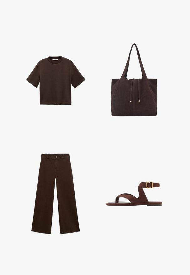 T-shirt corto marrone a maniche corte realizzato in cotone morbido. Presenta un colletto rotondo e una vestibilità ampia, con una texture liscia e senza motivi visibili.; Pantaloni larghi marroni in misto cotone, caratterizzati da orlo sfrangiato, chiusura frontale con bottone e classico design a cinque tasche. Minimalisti e versatili.; Sandal in suede marrone con design slip-on, cinturino alla caviglia con fibbia e suola piatta. Punta aperta con una texture liscia.; Mango Shopping bag - dark brown
