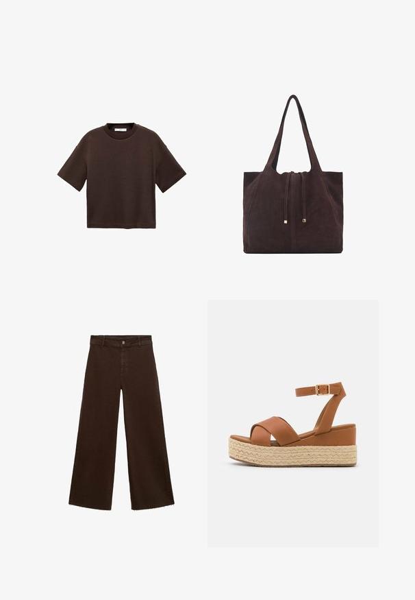 Brown short-sleeve t-shirt made of soft cotton. Features a round neckline and a boxy fit, with a smooth texture and no visible patterns.; Brown wide-leg trousers in cotton blend, featuring a frayed hem, front button closure, and classic five-pocket design. Minimalistic and versatile.; Brown platform sandals featuring a woven jute base, wide cross straps, and an ankle strap with a gold buckle. Smooth leather texture.; Mango Tote bag - dark brown
