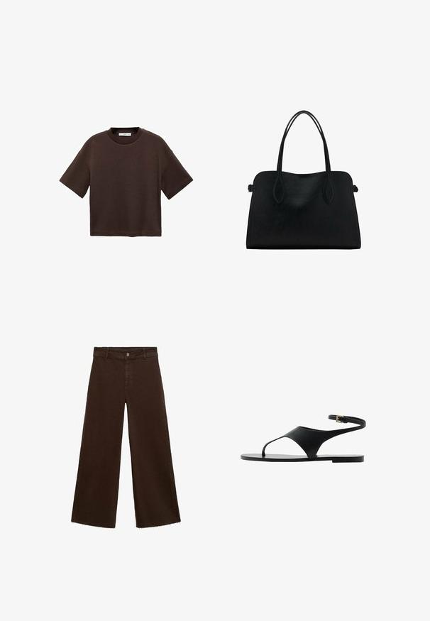 Brun kortærmet t-shirt lavet af blød bomuld. Har en rund halsudskæring og en boxy pasform, med en glat tekstur og ingen synlige mønstre.; Brune viddebukser i en bomuldsblanding, med en frynset kant, frontknaplukning og klassisk fem-lomme design. Minimalistiske og alsidige.; Sorte flade sandaler med minimalistisk design, der har en enkelt strop og ankelspænde. Fremstillet af glat materiale med en flad sål.; Sort læderhåndtaske med dobbelte skulderremme, rektangulær form og minimalistisk design på en hvid baggrund.