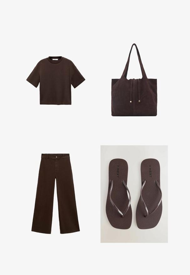 Brun kortærmet t-shirt lavet af blød bomuld. Har en rund halsudskæring og en boxy pasform, med en glat tekstur og ingen synlige mønstre.; Brune viddebukser i en bomuldsblanding, med en frynset kant, frontknaplukning og klassisk fem-lomme design. Minimalistiske og alsidige.; Next SQUARE TOE - Klipklapper - chocolate brown; Mango Shopping bags - dark brown