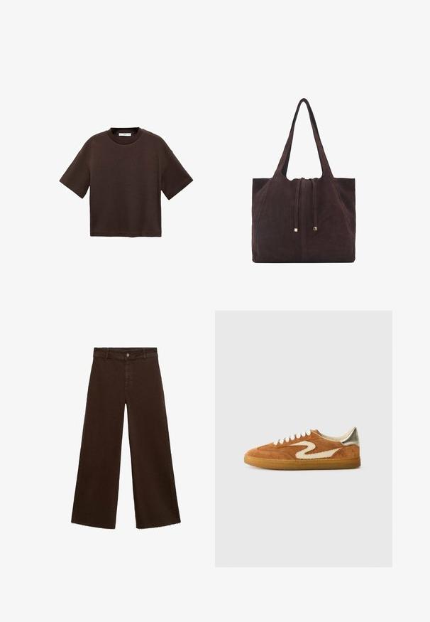 Bruine T-shirt met korte mouwen, gemaakt van zachte katoen. Heeft een ronde halslijn en een recht model, met een gladde textuur en geen zichtbare patronen.; Bruine wijde broek in katoenmix, met een rafelige zoom, sluiting met een knoop aan de voorkant en een klassieke vijf-pocketstijl. Minimalistisch en veelzijdig.; Suède sneakers in bruin en crème, met een uniek zigzagdesign, beige veters en een gumrubberen zool. Metallic accenten op de hiel.; Mango Shopper - dark brown