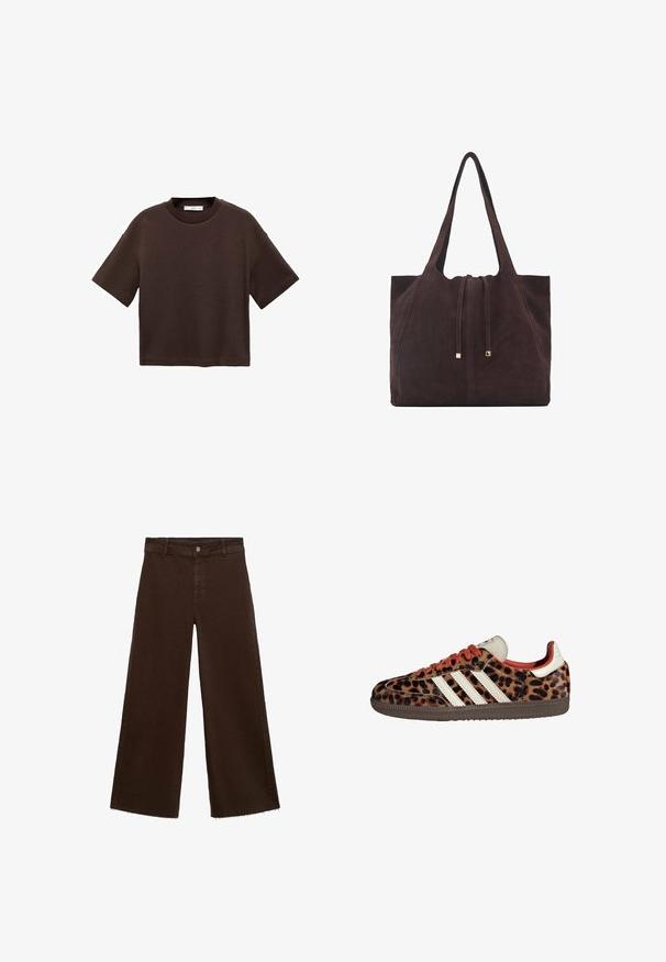 T-shirt corto marrone a maniche corte realizzato in cotone morbido. Presenta un colletto rotondo e una vestibilità ampia, con una texture liscia e senza motivi visibili.; Pantaloni larghi marroni in misto cotone, caratterizzati da orlo sfrangiato, chiusura frontale con bottone e classico design a cinque tasche. Minimalisti e versatili.; Sneaker con stampa leopardata in materiale scamosciato, lacci rossi e tre strisce bianche sui lati. Presentano una linguetta di colore crema e una suola marrone.; Mango Shopping bag - dark brown
