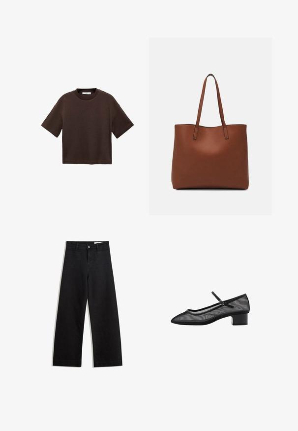 Brązowa koszulka z krótkim rękawem, wykonana z miękkiej bawełny. Posiada okrągły dekolt i luźny krój, charakteryzuje się gładką fakturą i brakiem widocznych wzorów.; Czarne dżinsowe spodnie o szerokich nogawkach i wysokim stanie, z przednimi i tylnymi kieszeniami, przeszyciami oraz zapięciem na guziki. Gładka struktura.; Czarne siateczkowe czółenka z ostro zakończonym noskiem, małym słupkiem i paskiem wokół kostki. Charakteryzują się gładką teksturą i minimalistycznym designem.; Brązowa skórzana torba tote o gładkiej fakturze, z otwartym wierzchem i dwoma ramiączkami. Charakteryzuje się minimalnym przeszyciem i brakiem widocznych elementów metalowych.