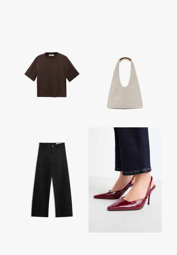 Hnedé tričko s krátkym rukávom vyrobené z mäkké bavlny. Má okrúhly výstrih a voľný strih, s hladkou textúrou a bez viditeľných vzorov.; Čierne denimové nohavice s širokými nohavicami a vysokým pásom, so prednými a zadnými vreckami, šitými švami a zapínaním na gombík. Hladká textúra.; Bordové lesklé kožené slingback páskové topánky s špicatou špičkou a tenkým stiletto podpätkom, s otvorenou zadnou časťou a minimalistickým dizajnom.; Svetlosivá kožená taška s U-tvarom a zakrivenou kovovou rukoväťou. Hladký povrch s minimálnym prešívaním a bez viditeľných vzorov.